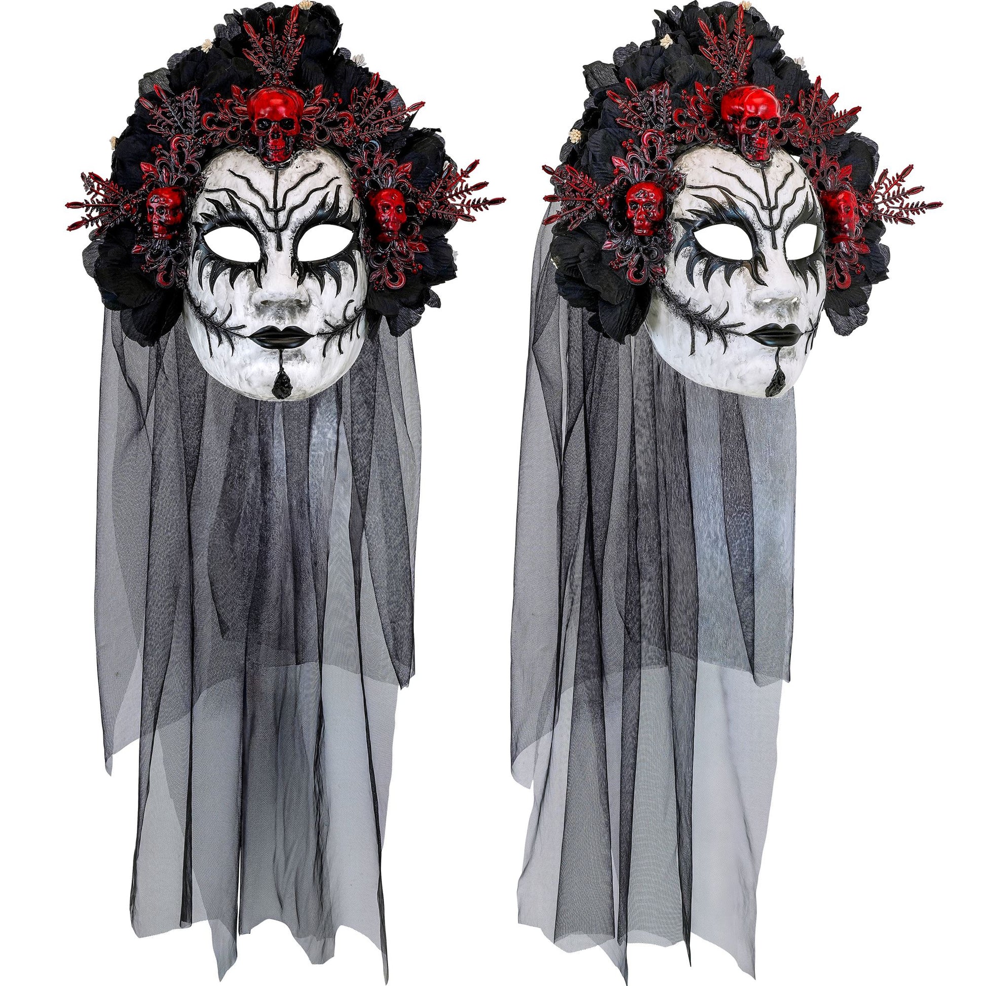 "KÖNIGIN DER TOTEN MASKE MIT SCHWARZEN ROSEN & SCHLEIER" – Detailansicht