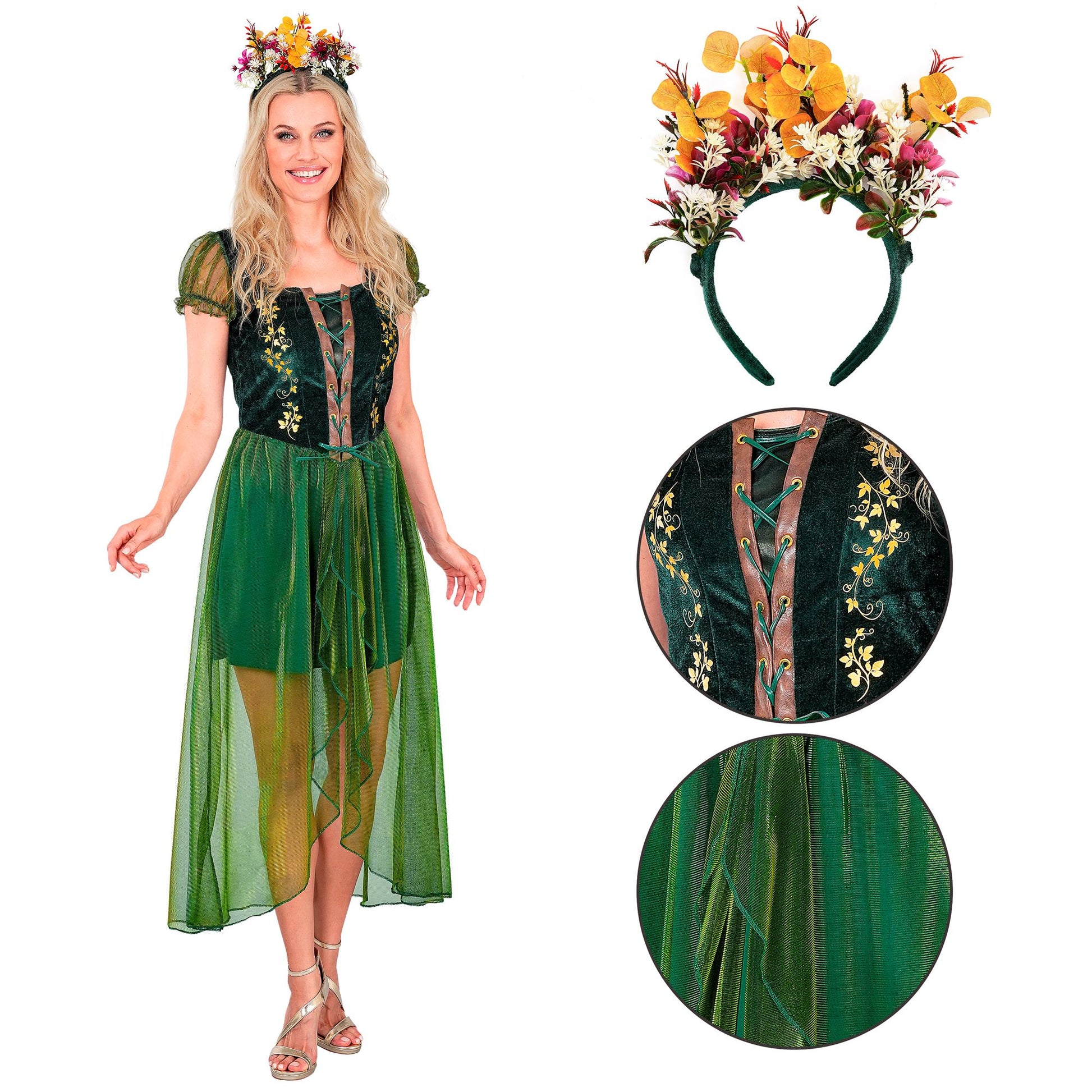 "KÖNIGIN DER WÄLDER" (Kleid, Haarreif) – Detailansicht