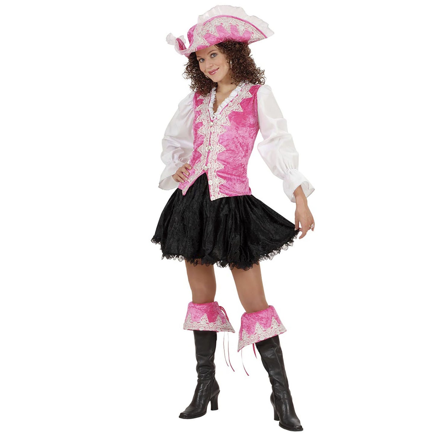 "KÖNIGLICHE PIRATIN" aus Samt - rosa (Bluse mit Weste, Rock, Dekoration für die Stiefel, Hut) – Vorderansicht