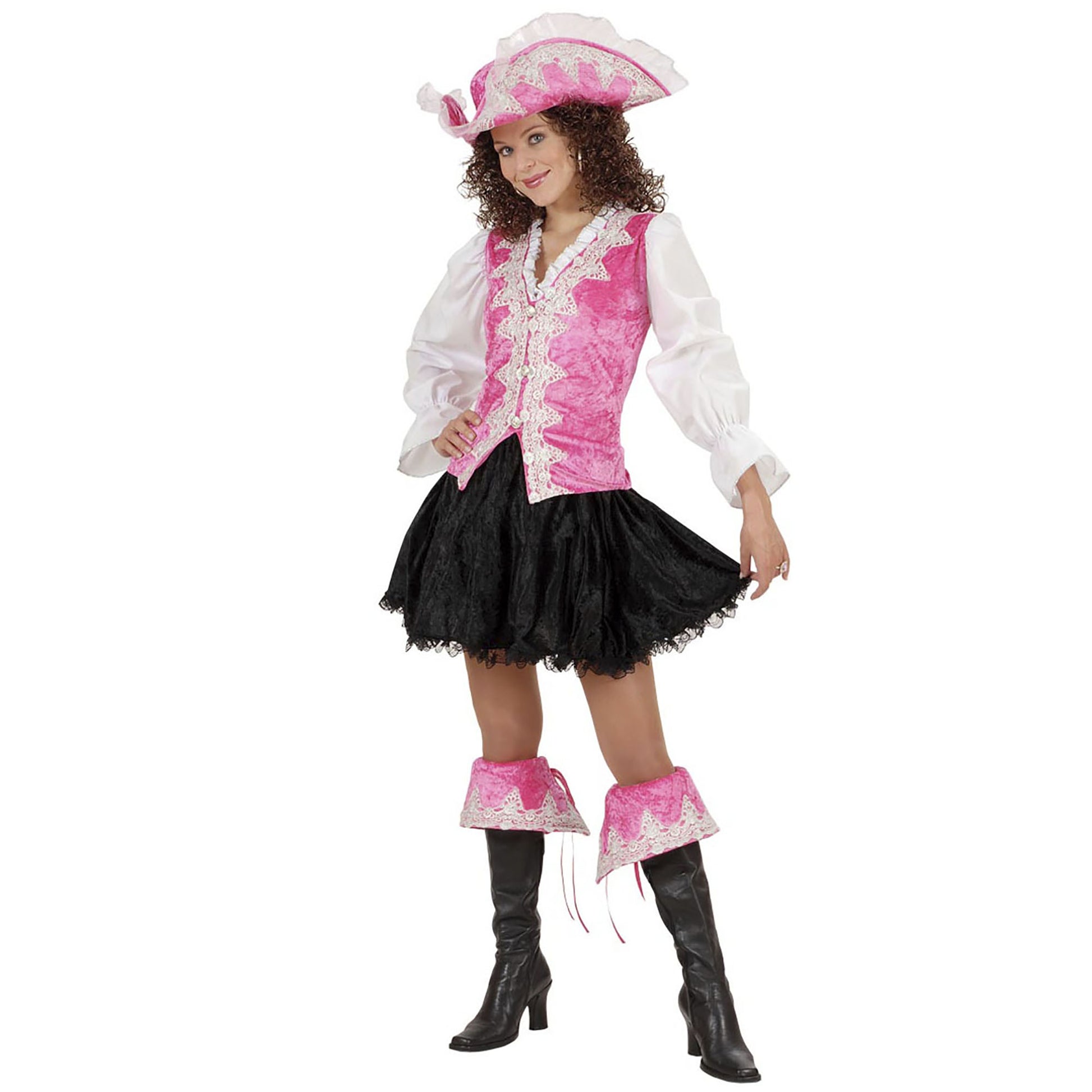 "KÖNIGLICHE PIRATIN" aus Samt - rosa (Bluse mit Weste, Rock, Dekoration für die Stiefel, Hut) – Vorderansicht