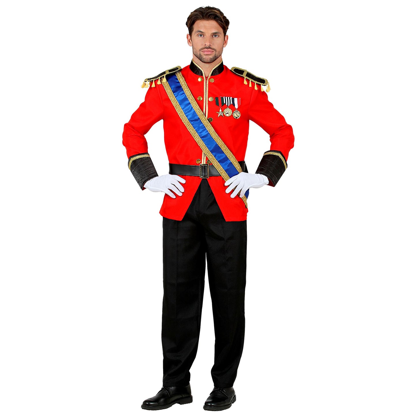"KÖNIGLICHER PRINZ" (Jackett mit Schärpe, Hose, Gürtel, Handschuhe) – Vorderansicht