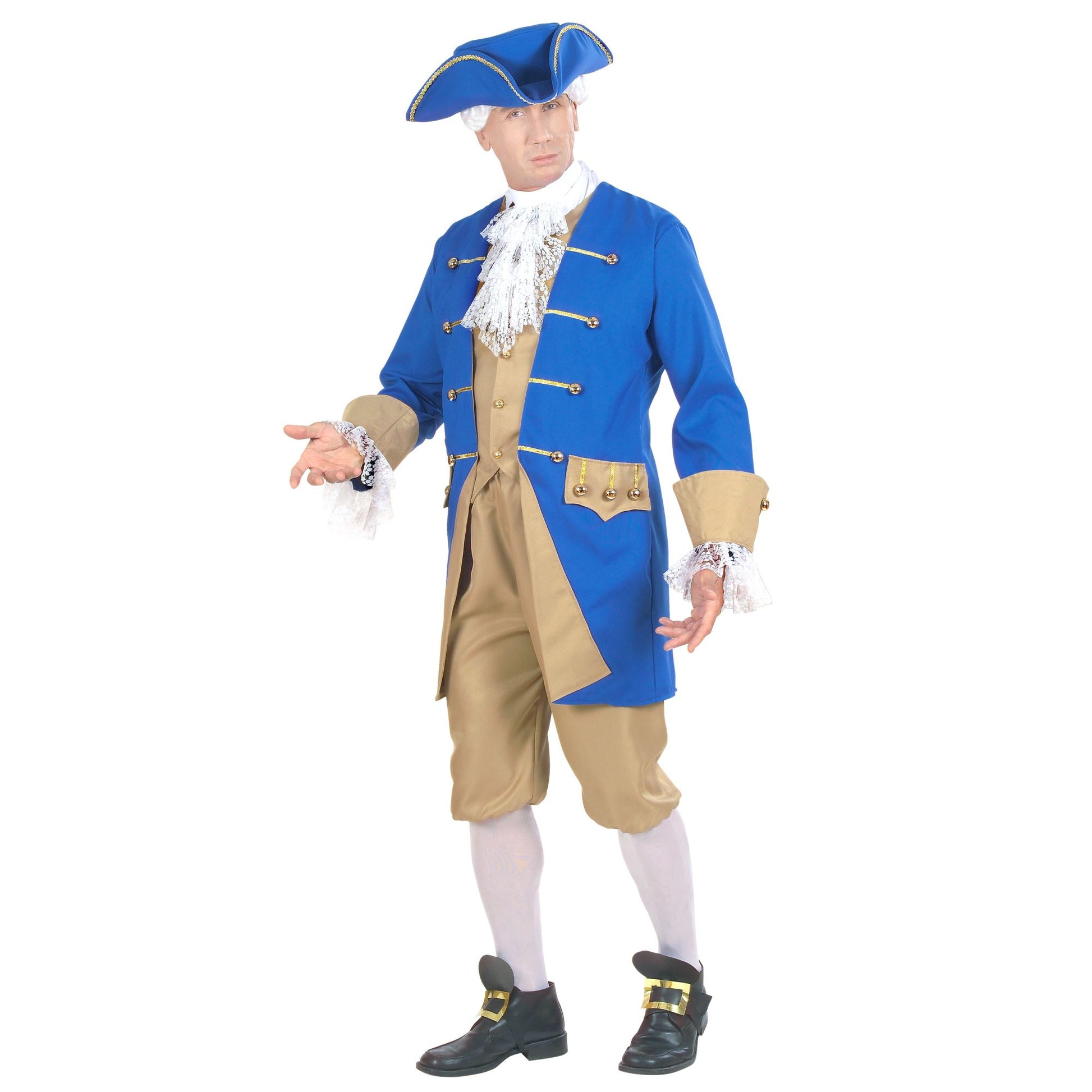"KOLONIALMANN" (Jacke mit Weste, Jabot, Hose, Hut, Schuhschnallen) – Vorderansicht