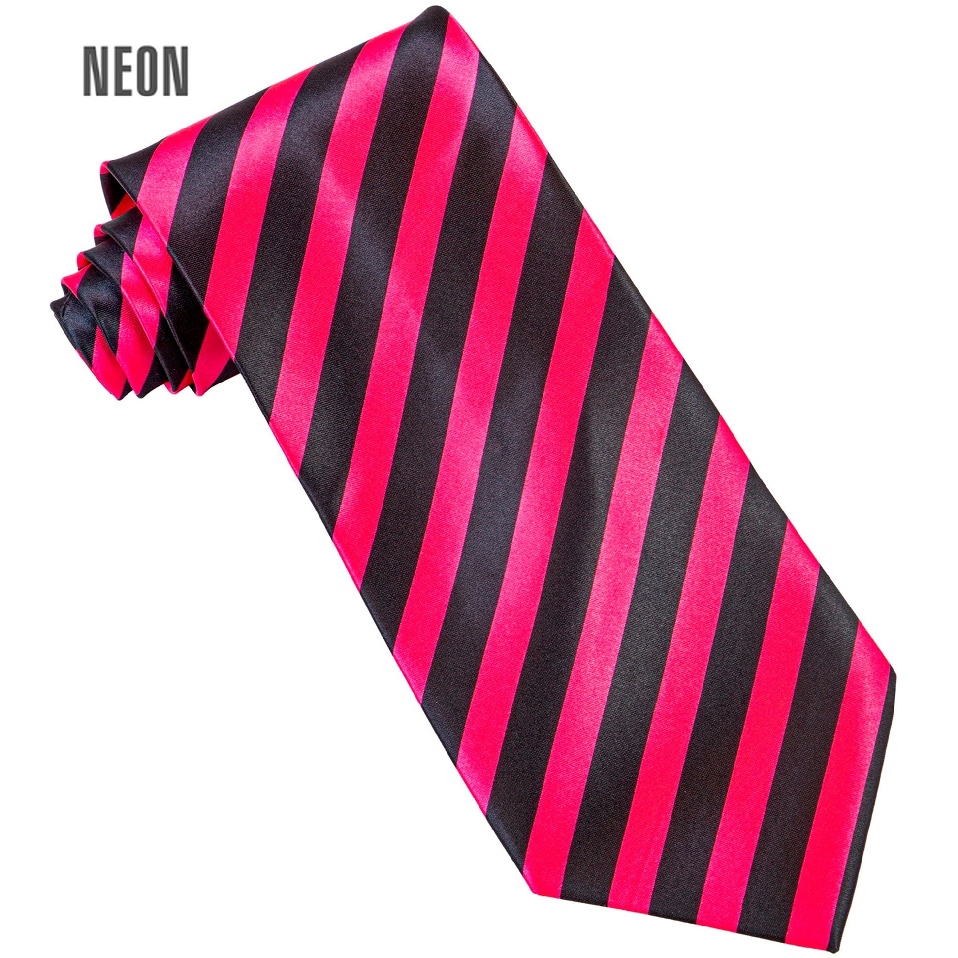 "KRAWATTE SCHWARZ & NEON PINK GESTREIFT" aus Satin – Vorderansicht