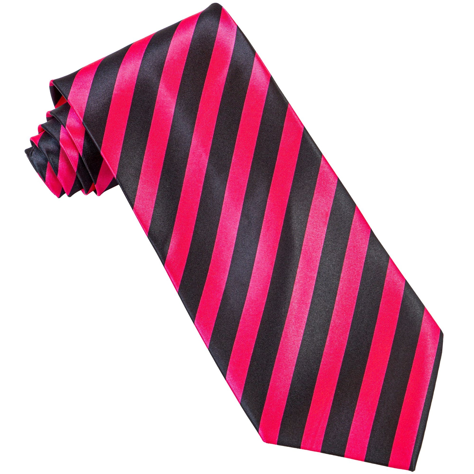 "KRAWATTE SCHWARZ & NEON PINK GESTREIFT" aus Satin – Detailansicht