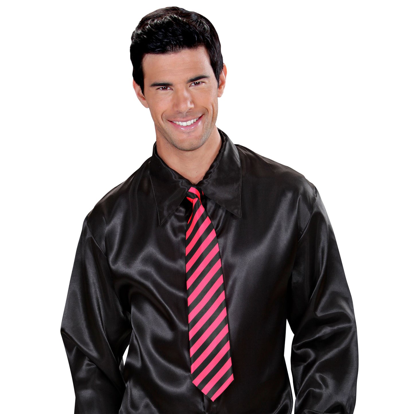 "KRAWATTE SCHWARZ & NEON PINK GESTREIFT" aus Satin – Ansicht 3