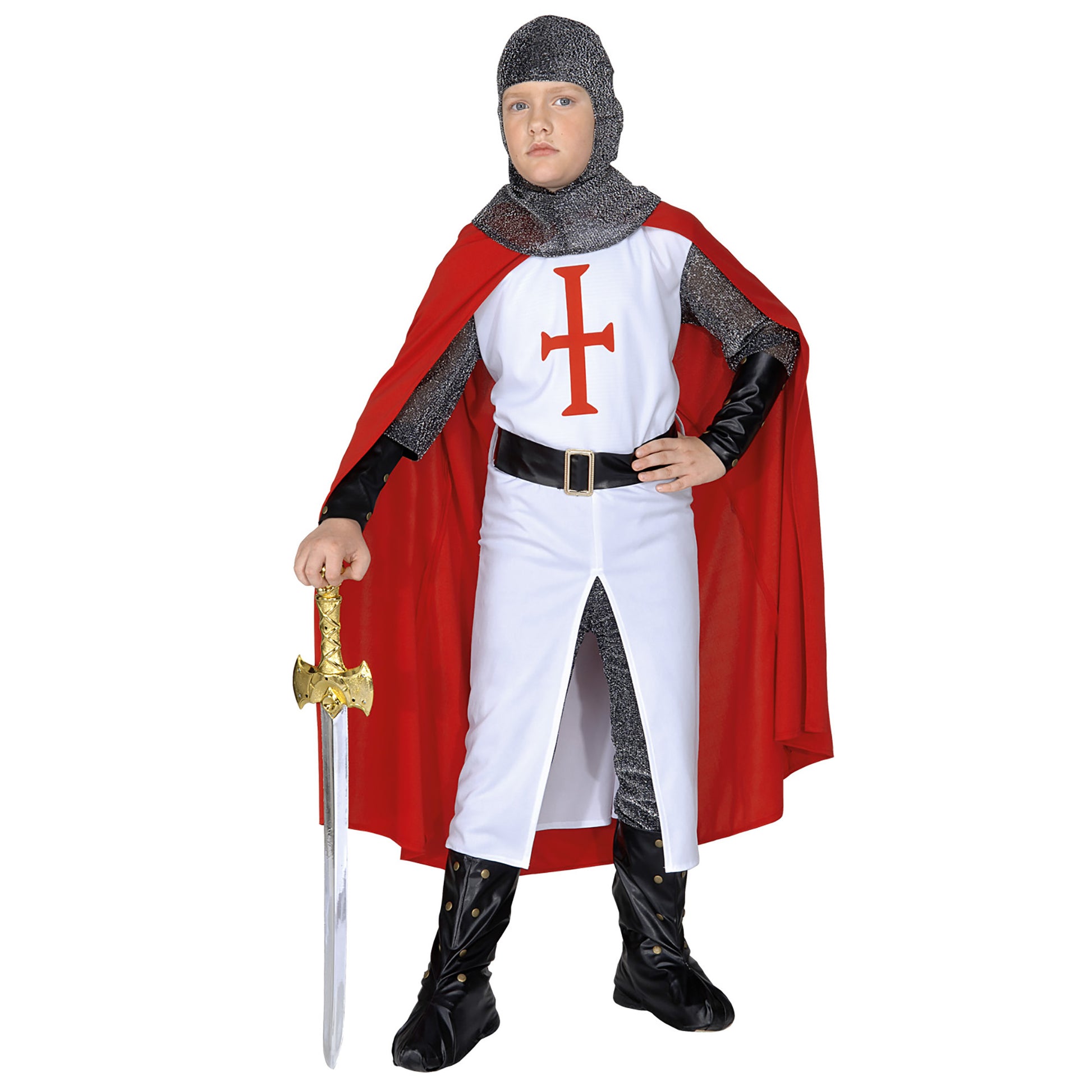 "KREUZRITTER" (langer Coat, Hose, Gürtel, Armbänder, Helm, Überstiefel, Umhang) – Vorderansicht