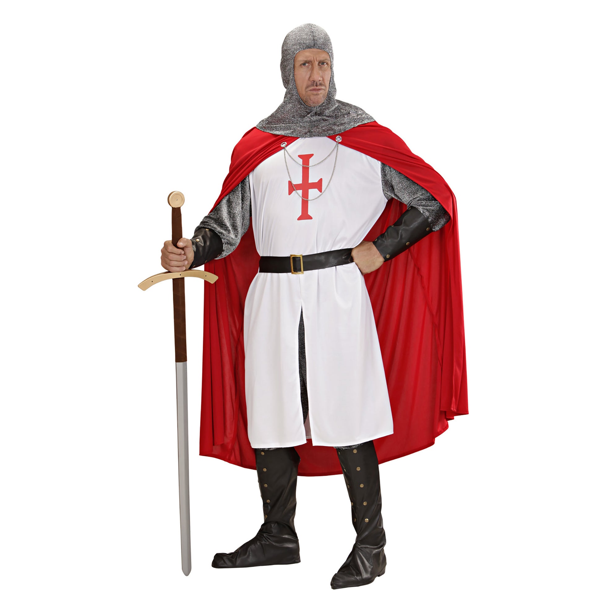 "KREUZRITTER" (langer Kasack, Hose, Gürtel, Armbänder, Helm, Stiefelüberzieher, Umhang) – Vorderansicht