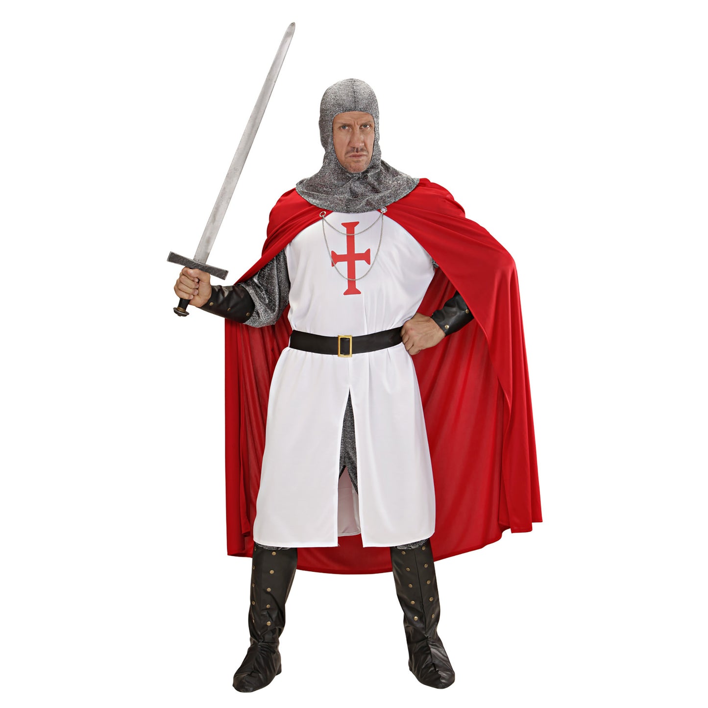 "KREUZRITTER" (langer Kasack, Hose, Gürtel, Armbänder, Helm, Stiefelüberzieher, Umhang) – Detailansicht