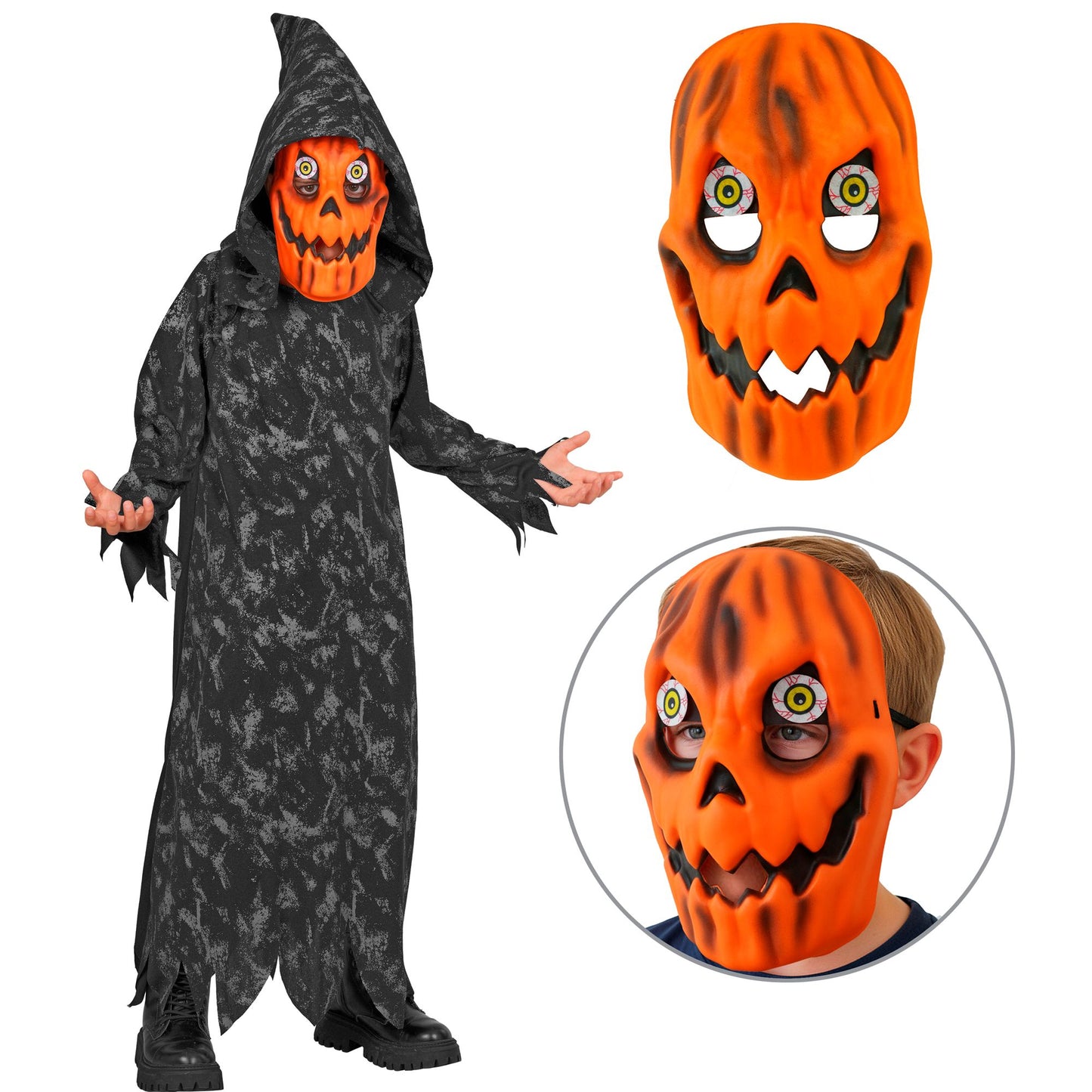 "KÜRBIS SENSEMANN" (Robe mit Kapuze, Maske) – Detailansicht
