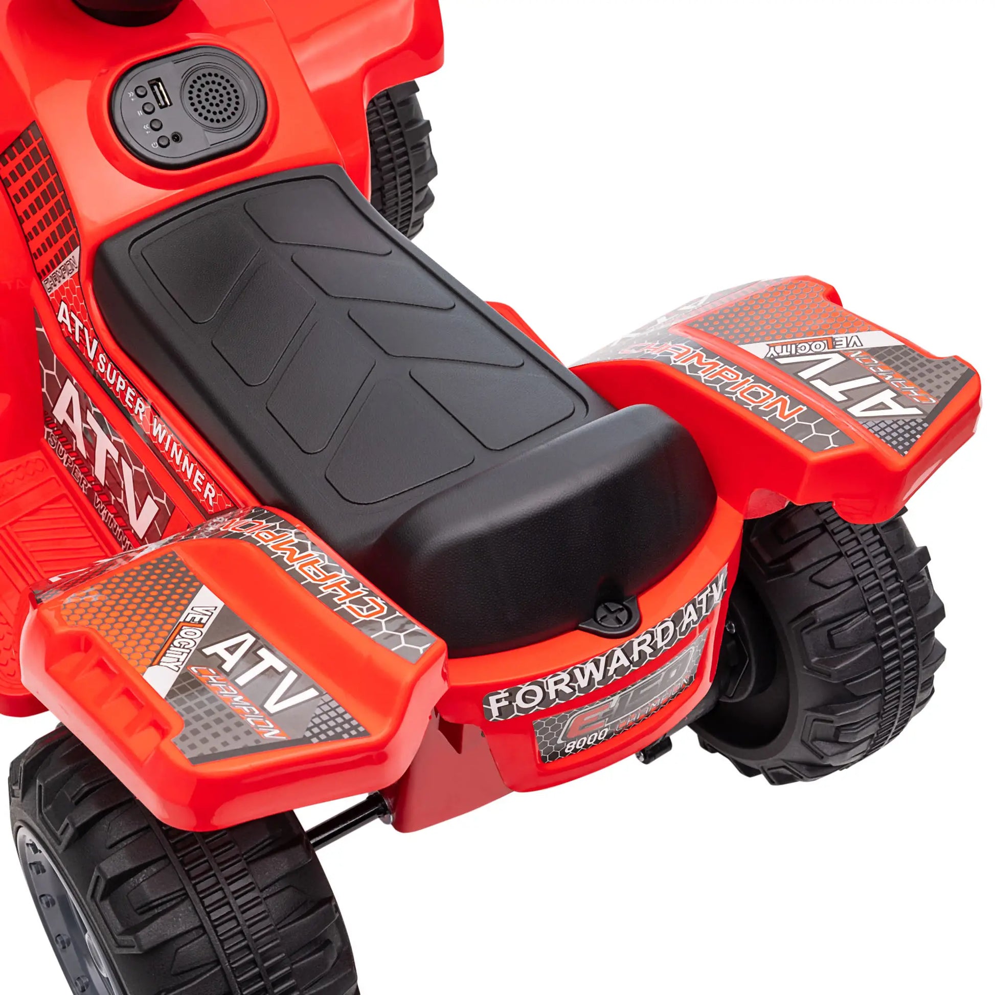 Elektro Kinderquad in Rot mit breiten Reifen, geeignet für Kinder von 18-36 Monaten.
