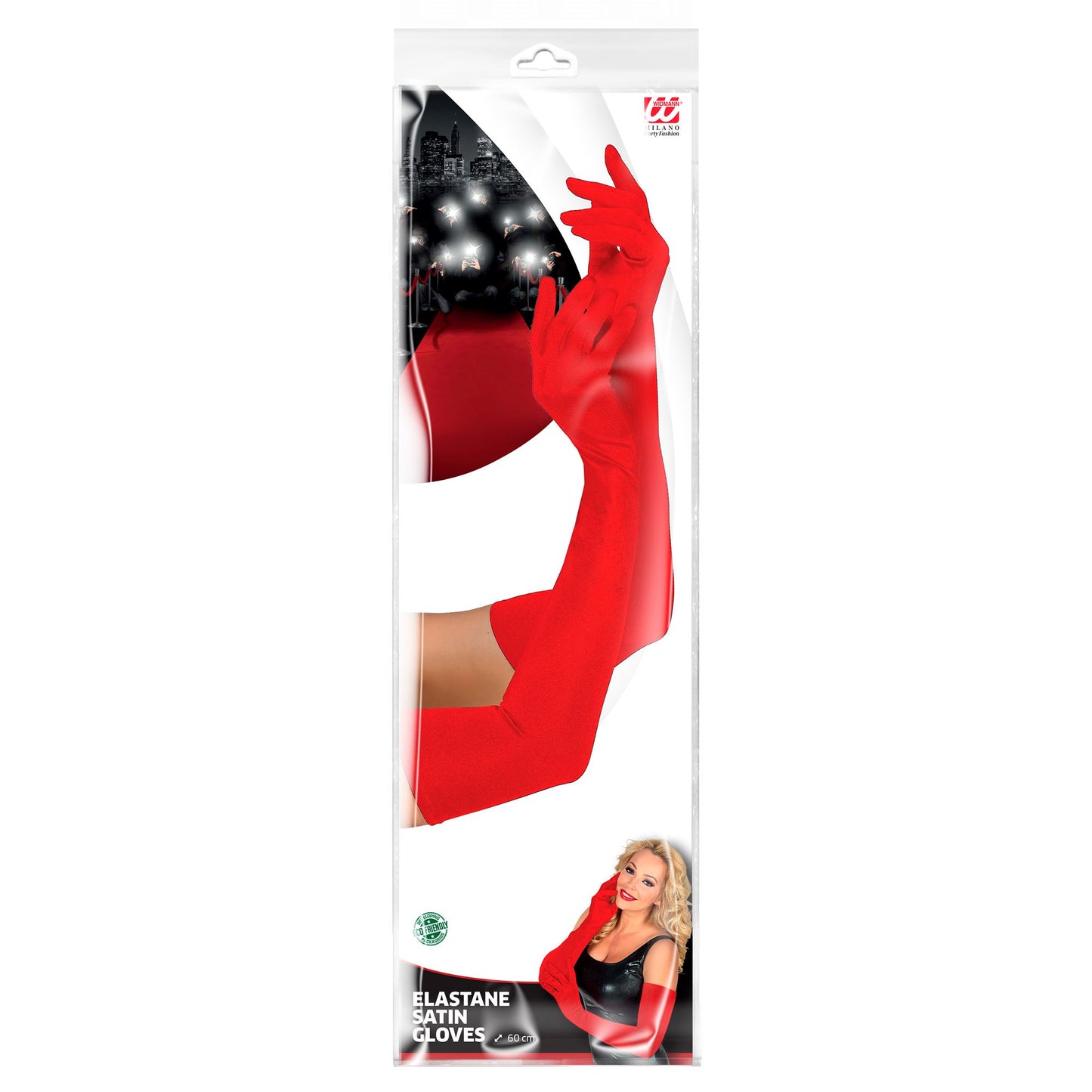 "LANGE HANDSCHUHE IN STRETCH-SATIN ROT" 60 cm – Detailansicht