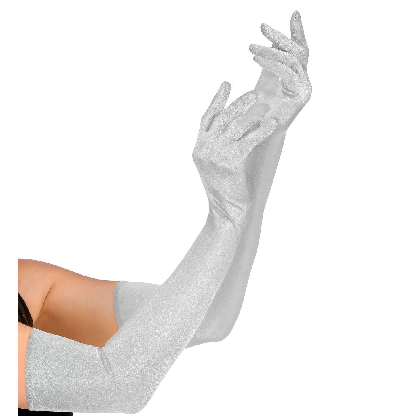 "LANGE HANDSCHUHE IN STRETCH-SATIN SILBER" 60 cm – Vorderansicht