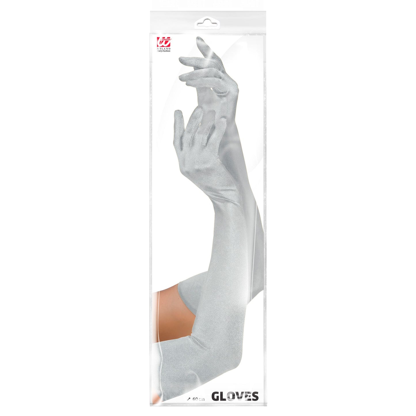 "LANGE HANDSCHUHE IN STRETCH-SATIN SILBER" 60 cm – Detailansicht