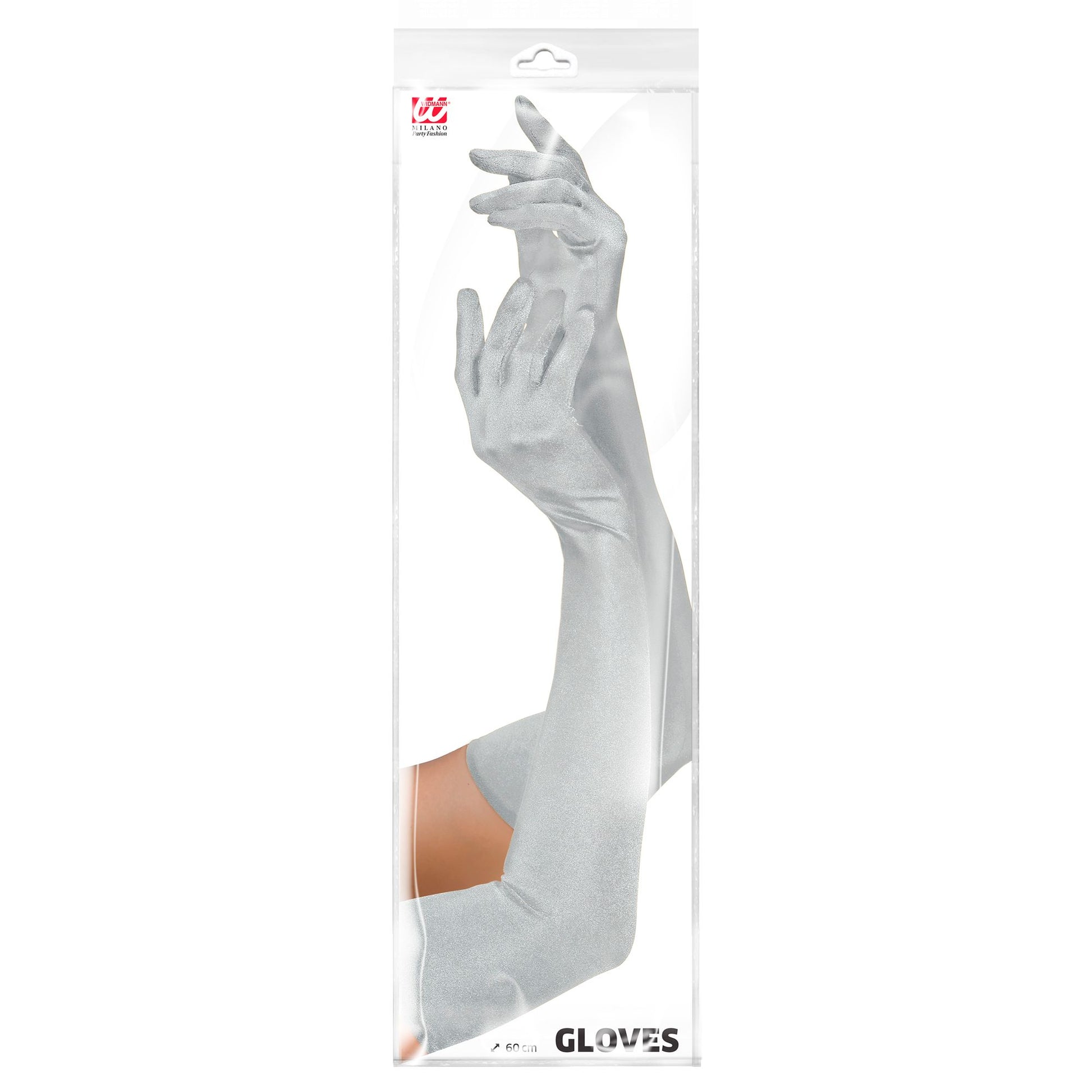 "LANGE HANDSCHUHE IN STRETCH-SATIN SILBER" 60 cm – Detailansicht