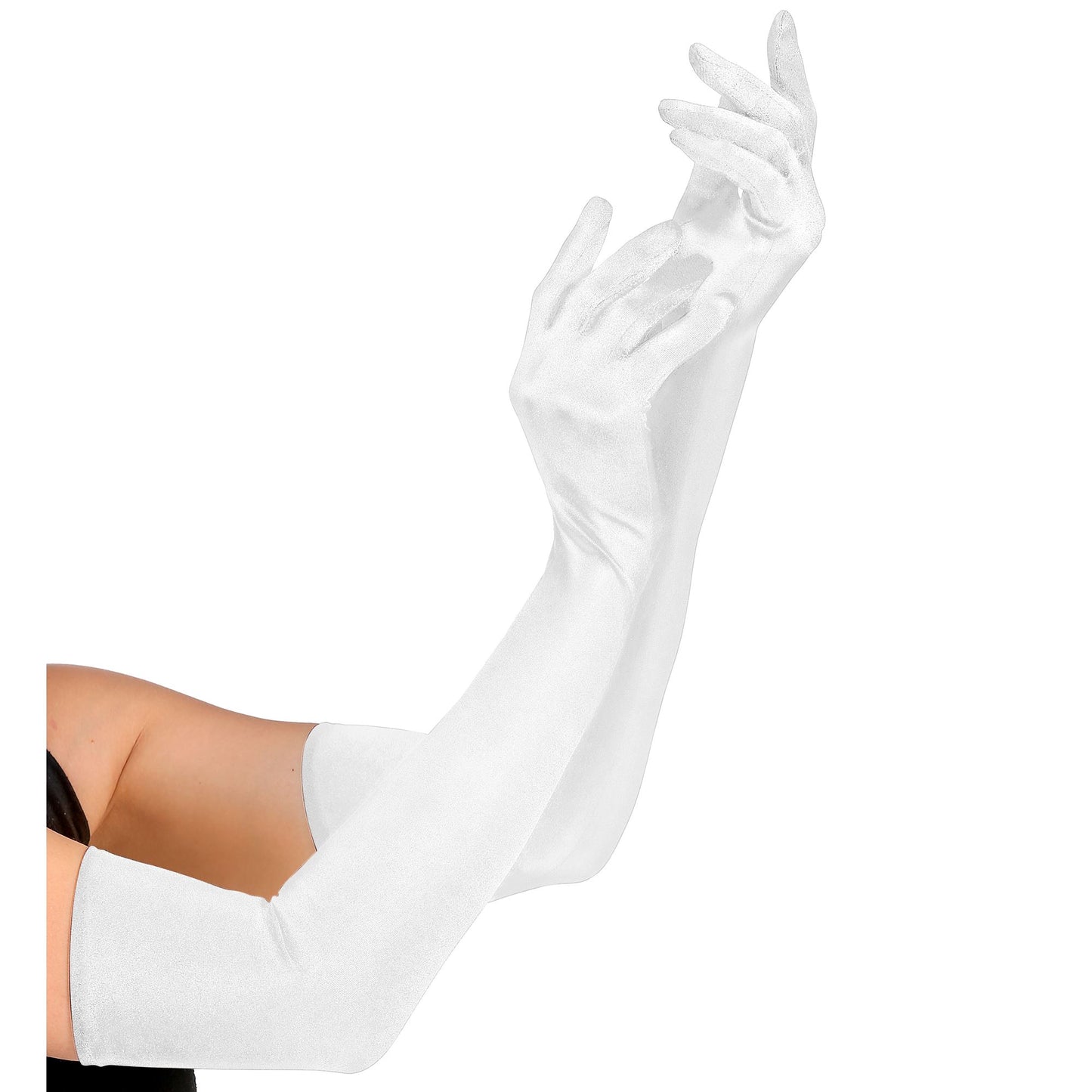 "LANGE HANDSCHUHE IN STRETCH-SATIN WEIß" 60 cm – Vorderansicht