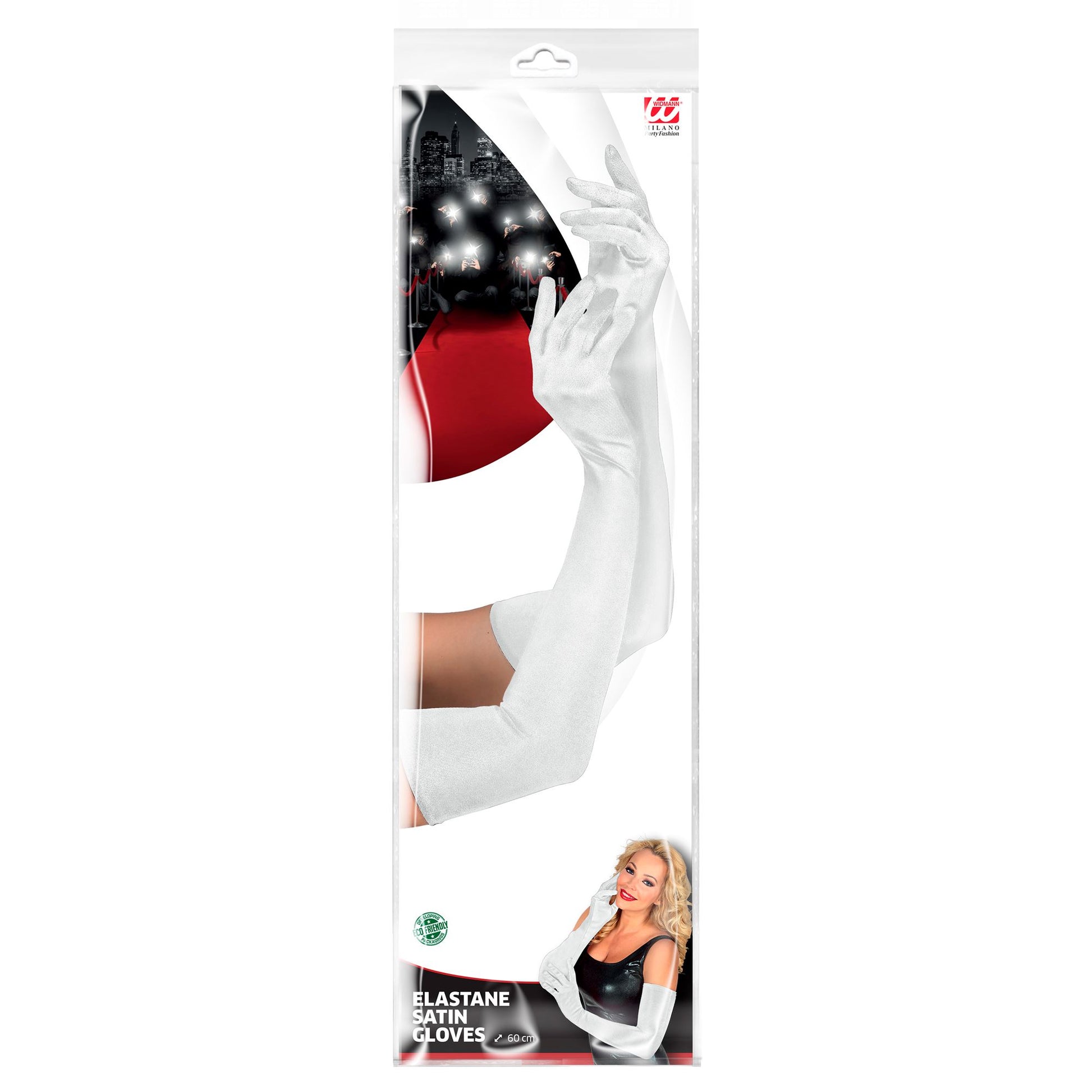 "LANGE HANDSCHUHE IN STRETCH-SATIN WEIß" 60 cm – Detailansicht