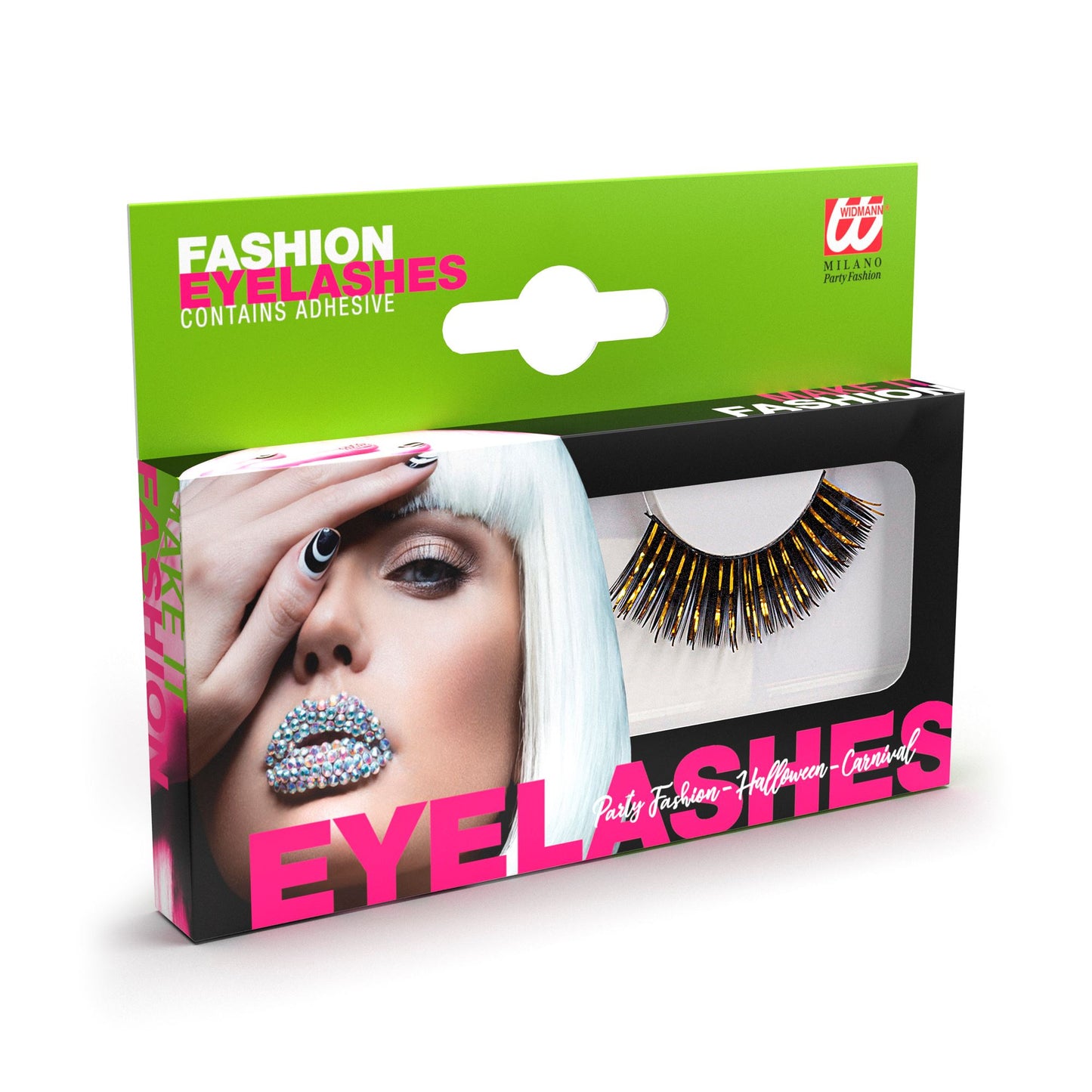 "LANGE SCHWARZE UND GOLDENE WIMPERN" in Schachtel mit Kleberflasche – Vorderansicht