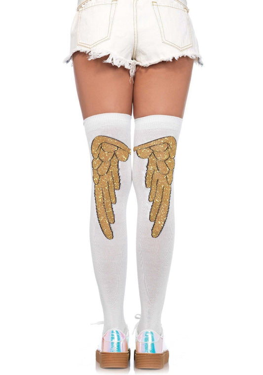 Leg Avenue Glitzernde Overknee Strümpfe mit Engelsflügeln – Weißgold - Fasnacht24.ch