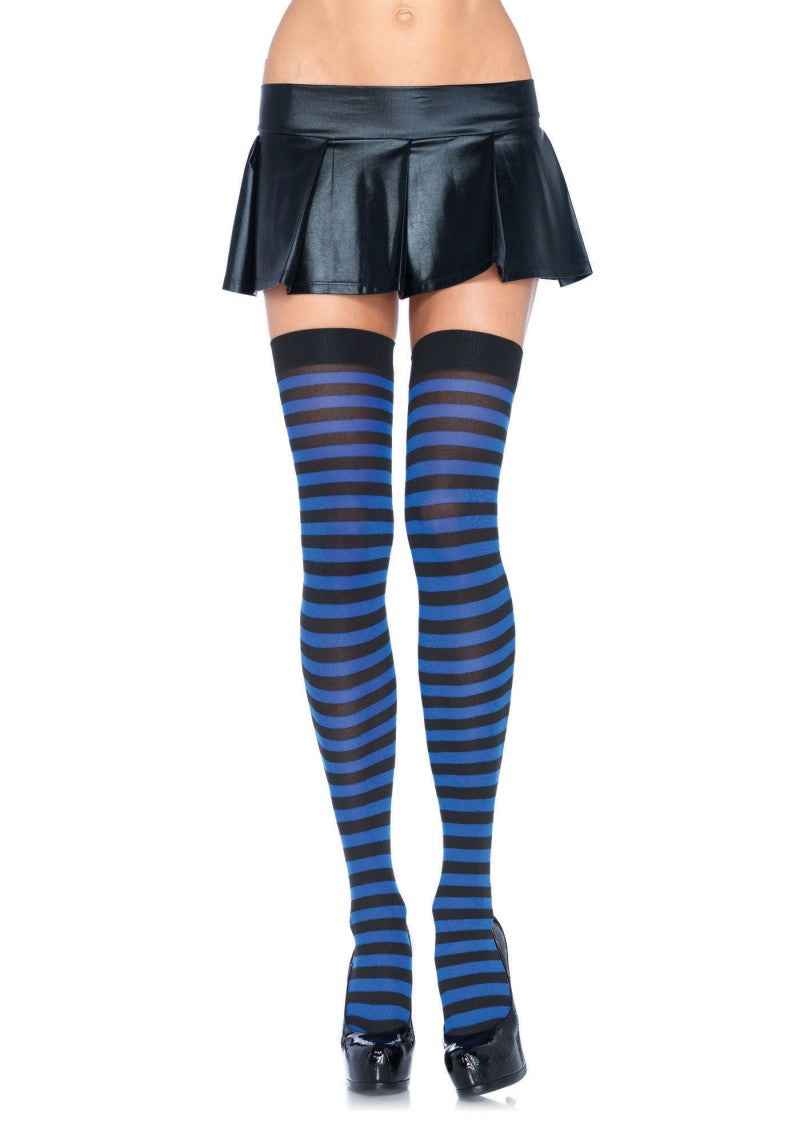 Leg Avenue halterlose gestreifte Stay-Up Strümpfe Schwarz-Blau Overknee – Detailansicht