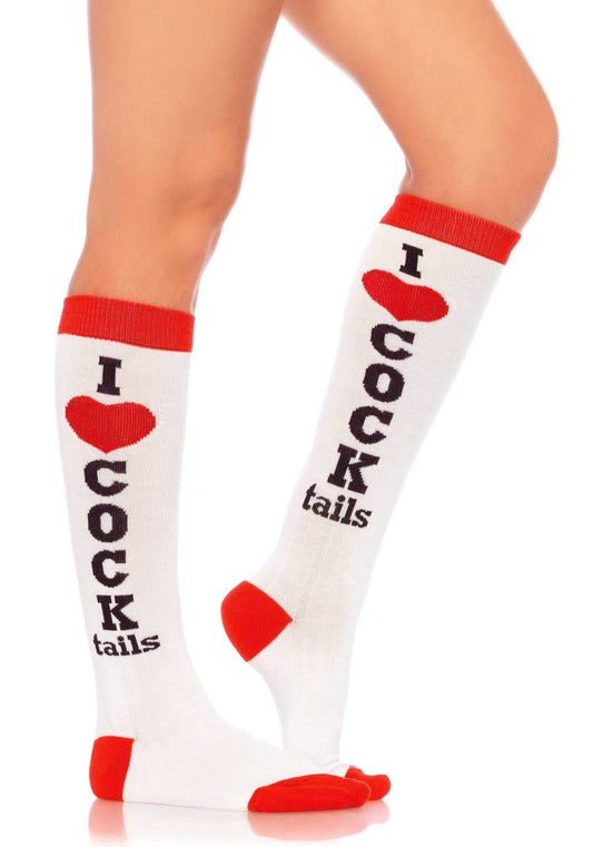 Kniehohe Leg Avenue Socken – Weiß Mit Cocktail-Motiv – Baumwollmischung - Fasnacht24.ch