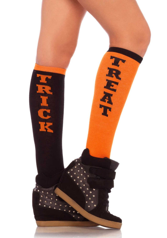 Leg Avenue Halloween Kniestrümpfe – Trick or Treat Schwarz-Orange - Fasnacht24.ch