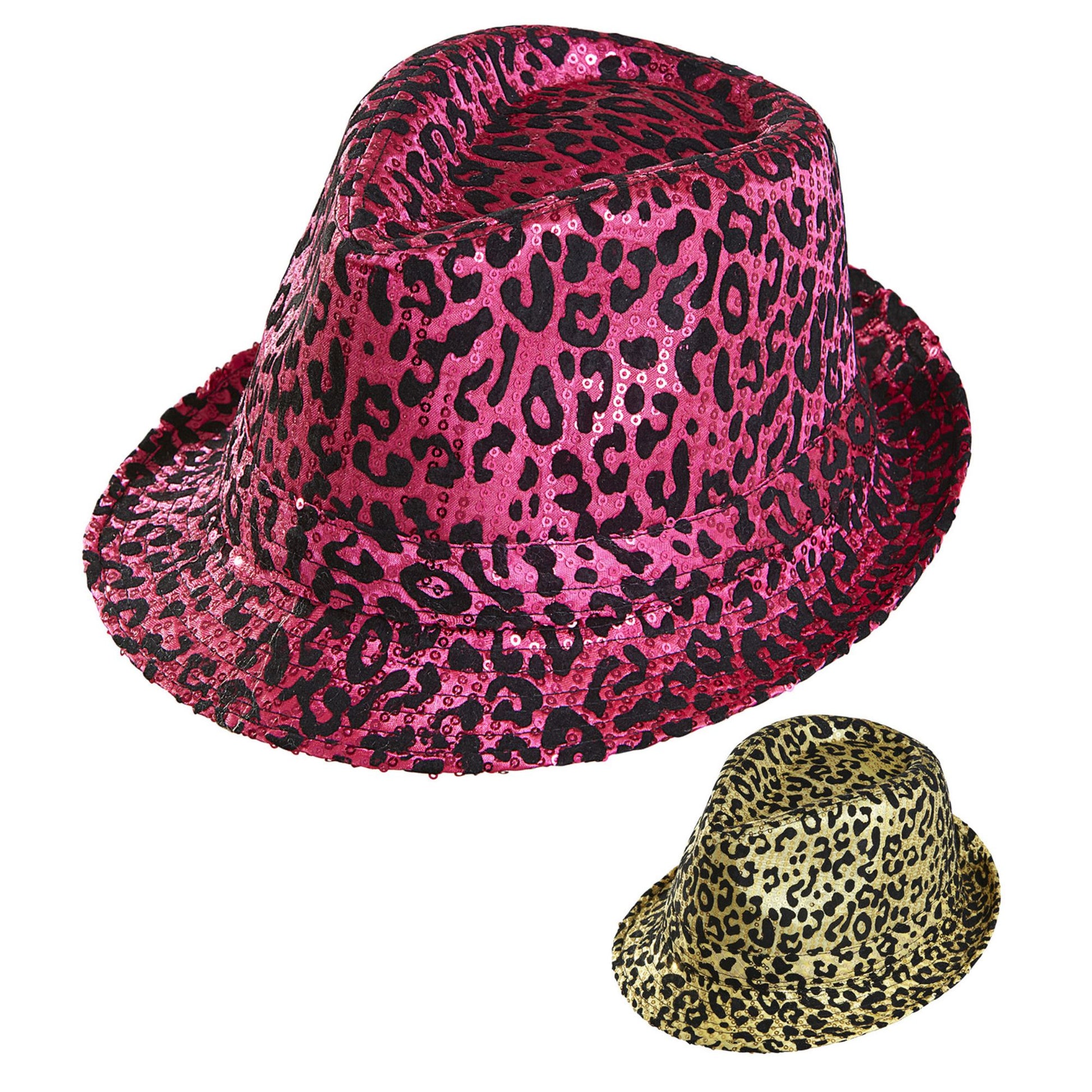 "LEOPARDMUSTER PAILLETTEN FEDORA" in 2 Farben sortiert – Vorderansicht