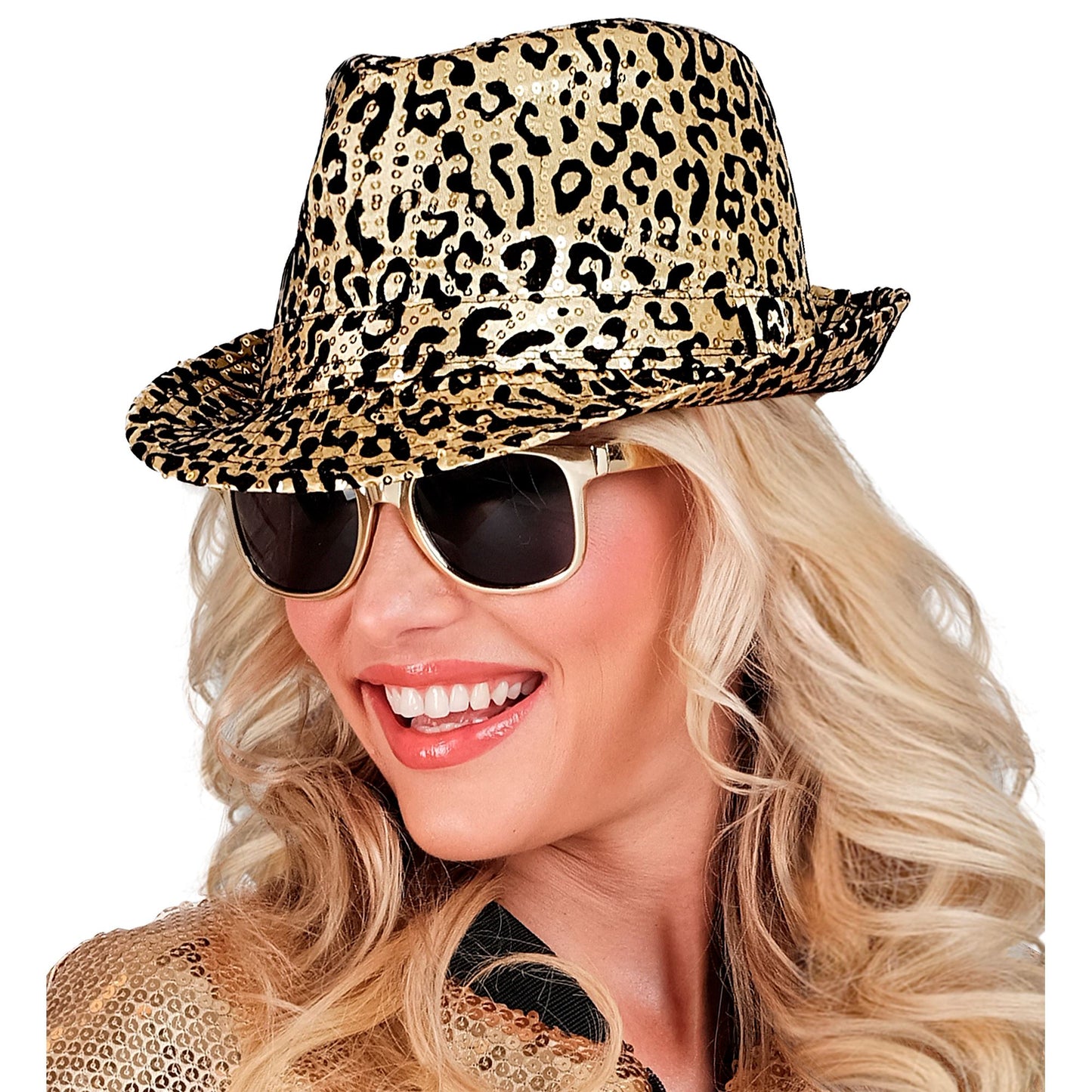 "LEOPARDMUSTER PAILLETTEN FEDORA" in 2 Farben sortiert – Detailansicht