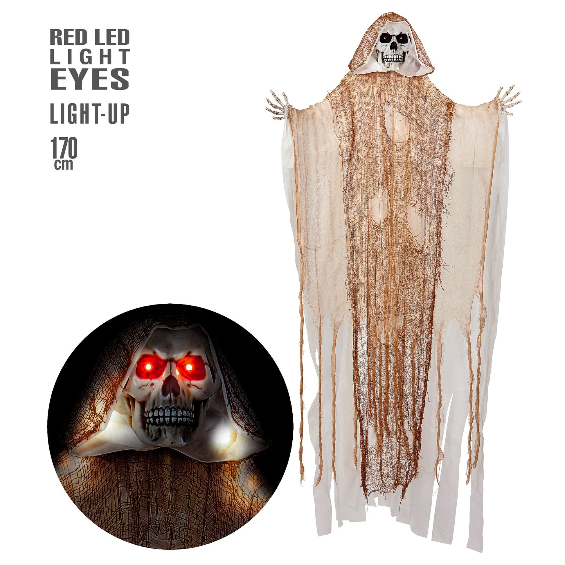 "LEUCHTENDER SENSEMANN MIT LEUCHTENDEN ROTEN LED AUGEN" 170 cm – Vorderansicht