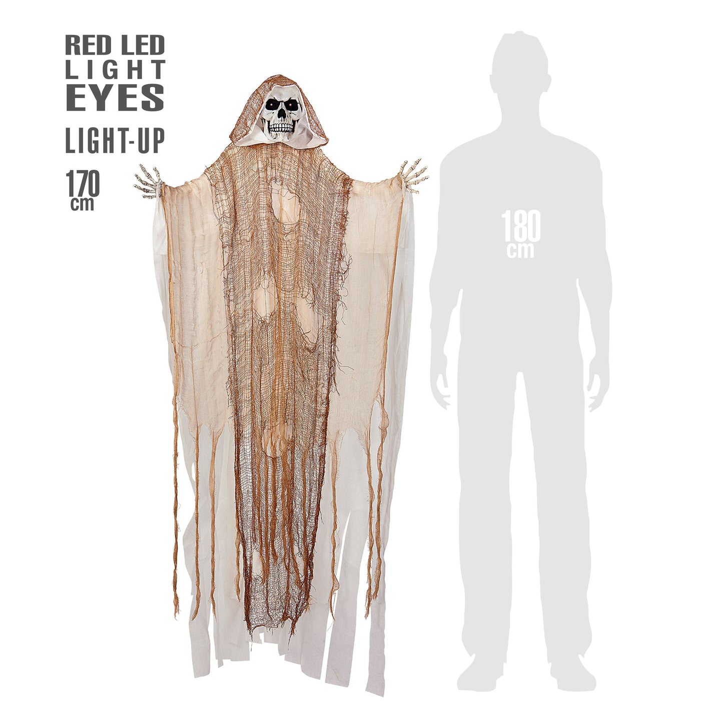 "LEUCHTENDER SENSEMANN MIT LEUCHTENDEN ROTEN LED AUGEN" 170 cm – Detailansicht