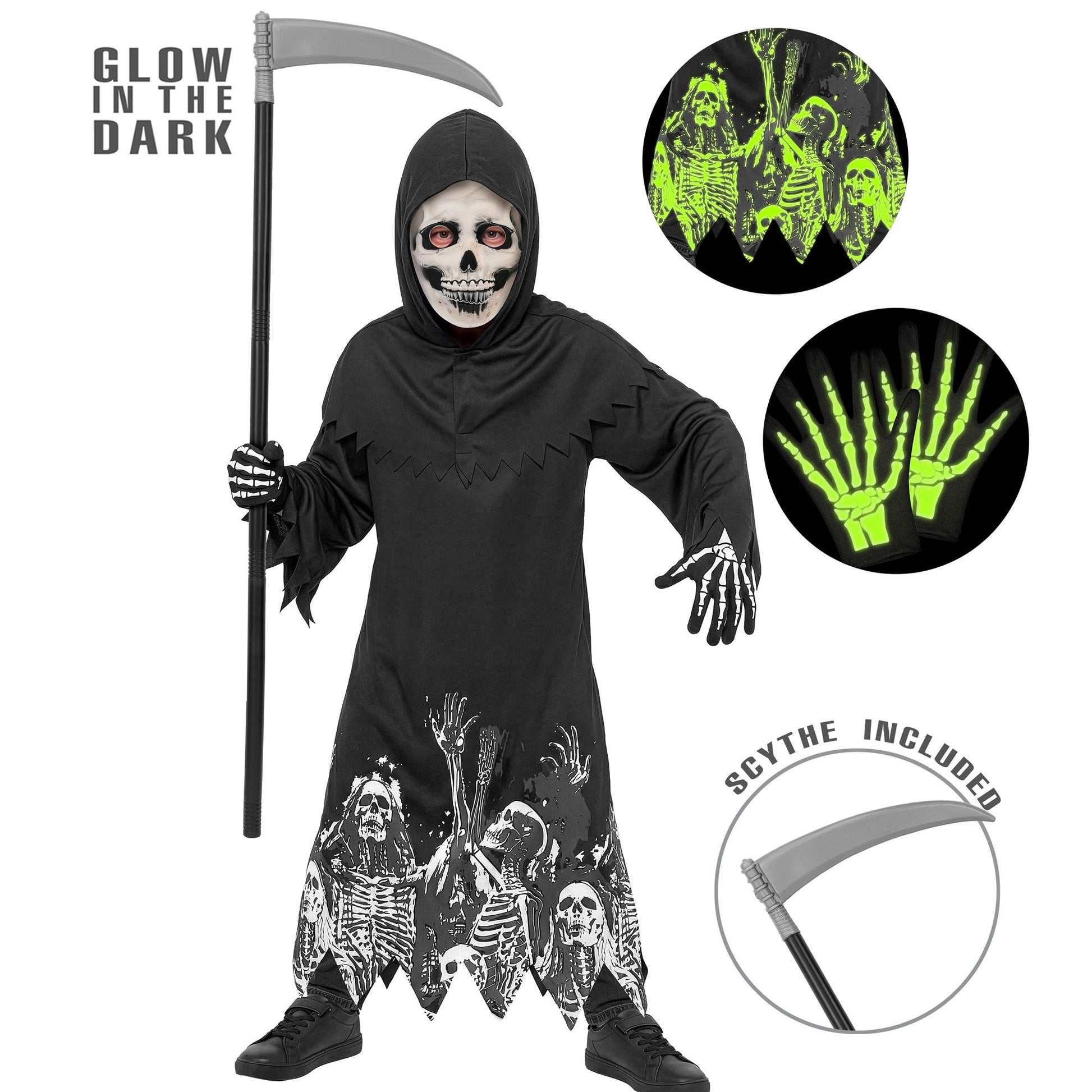 "LEUCHTENDER SENSEMANN" (Robe, Kapuze, Handschuhe, Maske, Sense) – Vorderansicht
