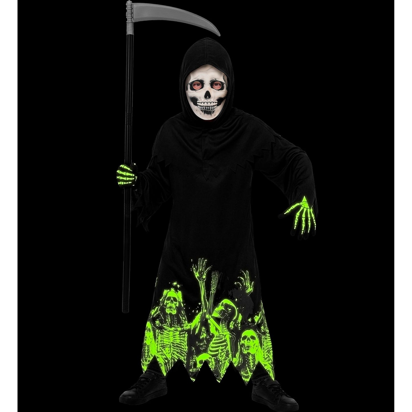 "LEUCHTENDER SENSEMANN" (Robe, Kapuze, Handschuhe, Maske, Sense) – Detailansicht