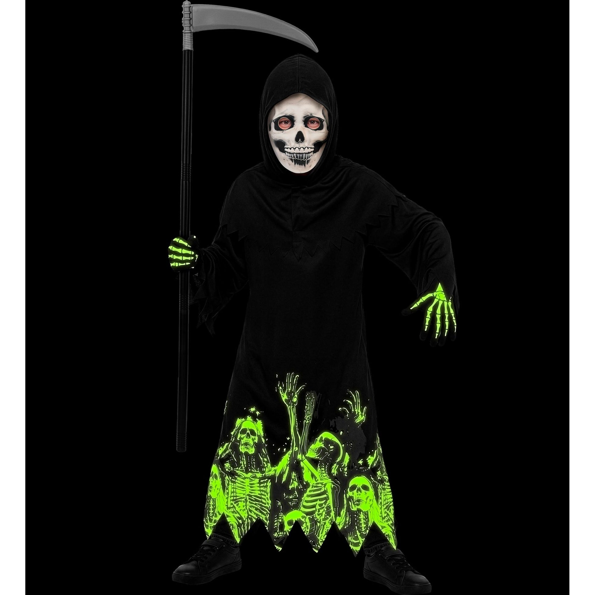 "LEUCHTENDER SENSEMANN" (Robe, Kapuze, Handschuhe, Maske, Sense) – Detailansicht