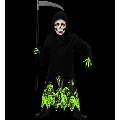 "LEUCHTENDER SENSEMANN" (Robe, Kapuze, Handschuhe, Maske, Sense) – Detailansicht