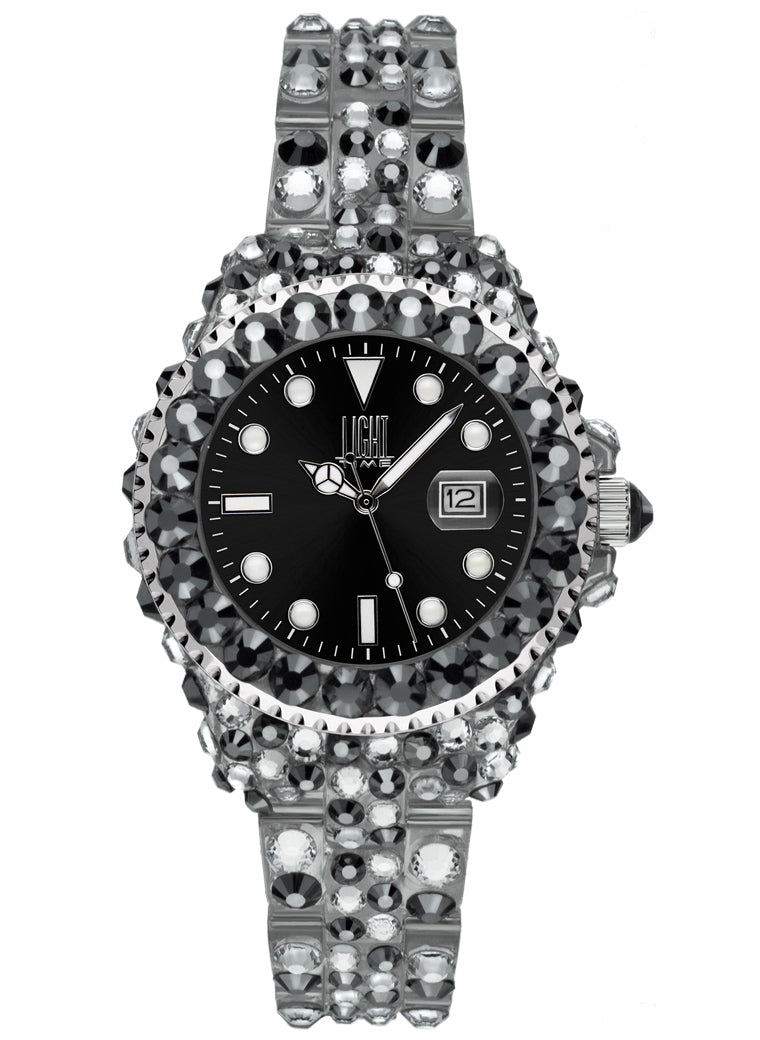 LIGHT TIME Mod. MEDITERRANEO Full Strass Damen-Quarzuhr Schwarz 35 mm – Produktansicht