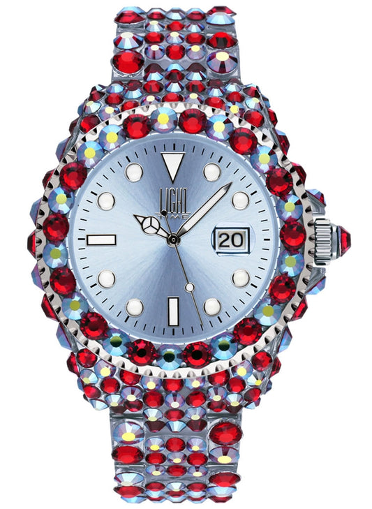 LIGHT TIME Mod. MEDITERRANEO - Full Strass / Light Blue L602E Date Armbanduhr 39 mm Blau