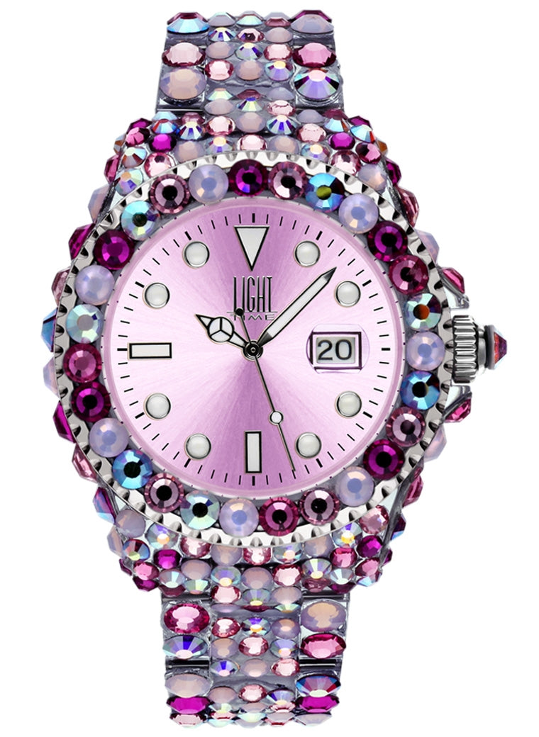 LIGHT TIME Mod. MEDITERRANEO Full Strass Pink L602F Damen Quarzuhr 39 mm Rosa – Produktansicht