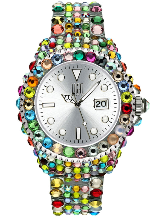 LIGHT TIME Mod. MEDITERRANEO - Full Strass / Silver L602N Date Armbanduhr 39 mm Silber