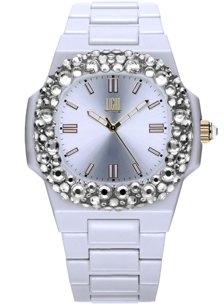 LIGHT TIME VELVET NAUTILUS White Clear Strass Damen Quarzuhr 42 mm weiss – Produktansicht