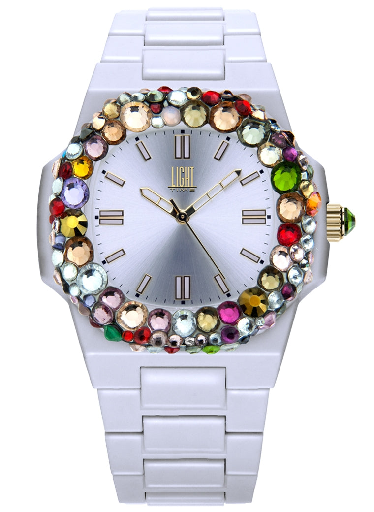 LIGHT TIME VELVET NAUTILUS White Rainbow Strass Damen-Quarzuhr 42 mm Weiss – Produktansicht