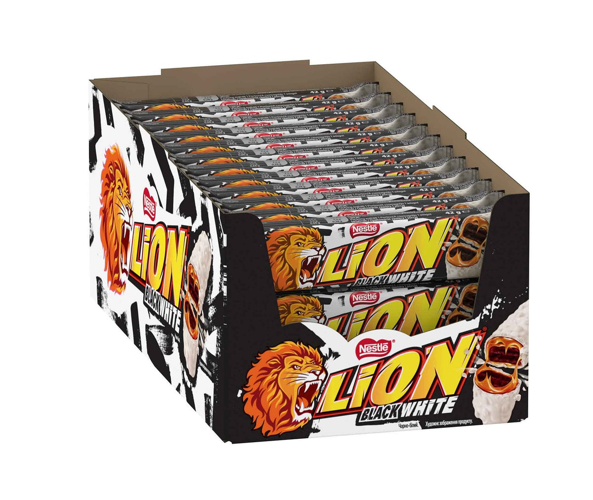 Lion Black & White Riegel aus Kakaowaffeln, 24 x 42 g – Produktansicht