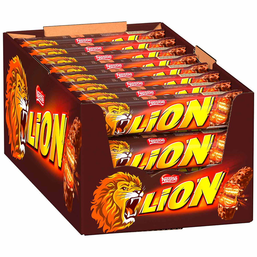 Lion Riegel Display mit 24 einzeln verpackten 42-g-Riegeln mit Karamell und weisser Schokolade – Produktansicht
