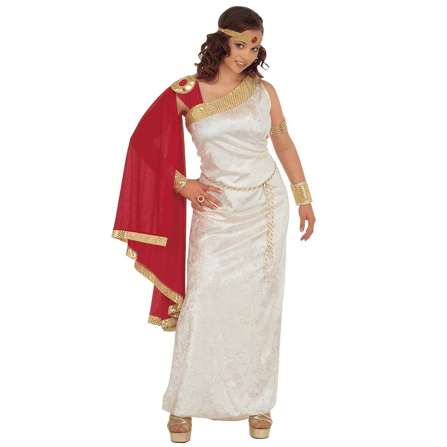 "LUCILLA" (Tunika mit Toga, Gürtel, Armbänder, Stirnband mit Edelstein) – Vorderansicht