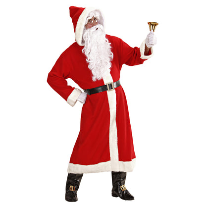 "LUXUS WEIHNACHTSMANN AUS DER ALTEN ZEIT" (Mantel mit Kapuze, Gürtel,Stiefelüberzieher mit Schnallen, Perücke, Bart mit Schnurrbart, Augenbrauen) – Vorderansicht