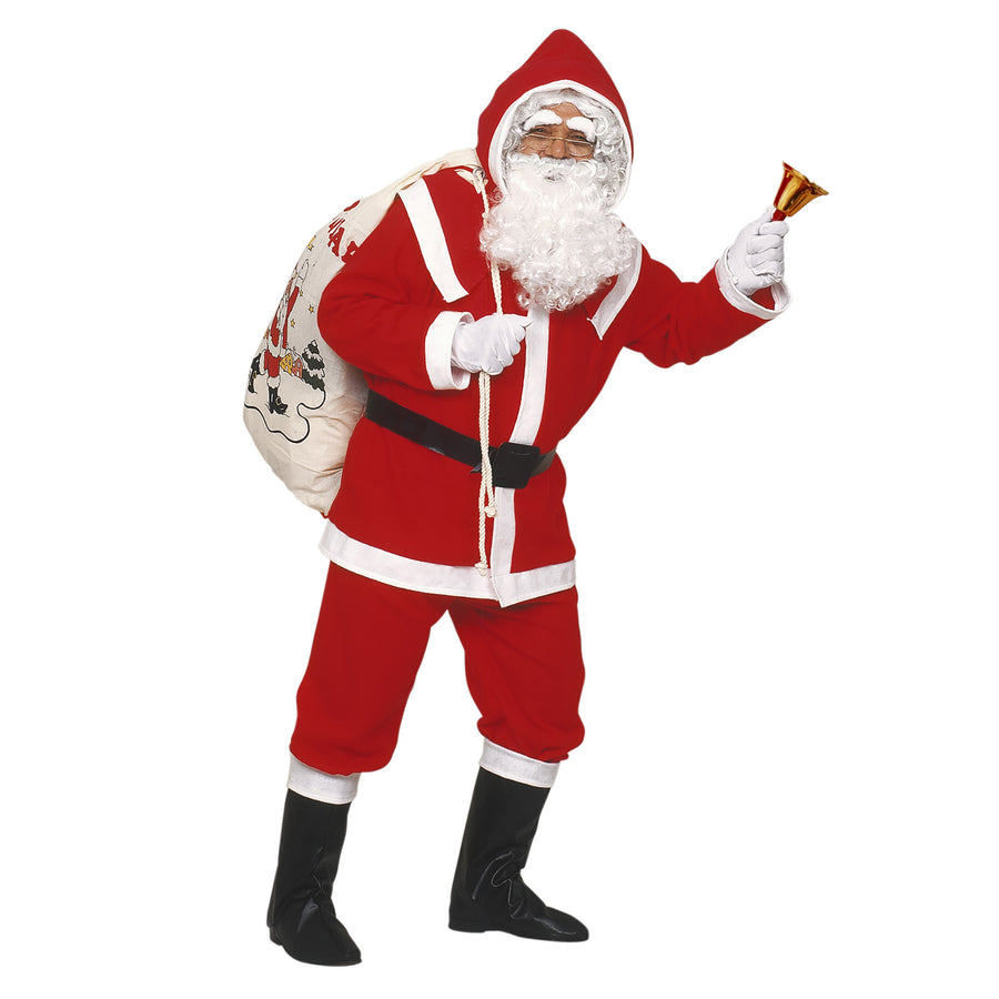 "LUXUS WEIHNACHTSMANN" aus Flanell(Kasack, Hose, Gürtel, Kapuze, Stiefelüberzieher, Perücke, Bart mit Schnurrbart und Augenbrauen) – Vorderansicht