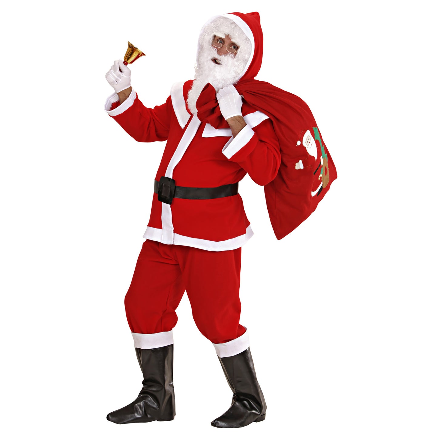 "LUXUS WEIHNACHTSMANN" aus Flanell(Kasack, Hose, Gürtel, Kapuze, Stiefelüberzieher, Perücke, Bart mit Schnurrbart und Augenbrauen) – Detailansicht