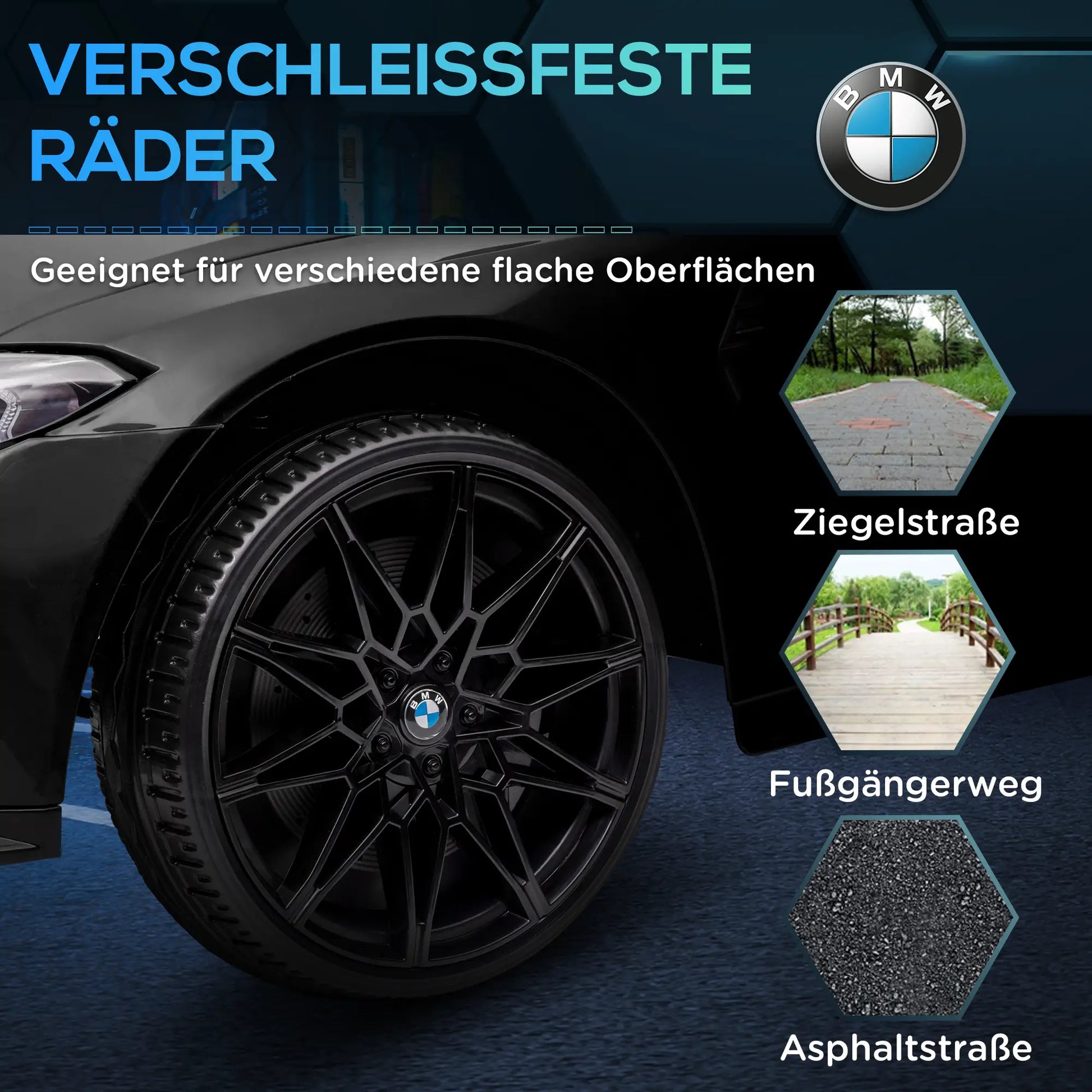Schwarzes BMW M4 Elektro Kinderauto mit Fernsteuerung für 3-5 Jahre, LED-Scheinwerfer sichtbar.
