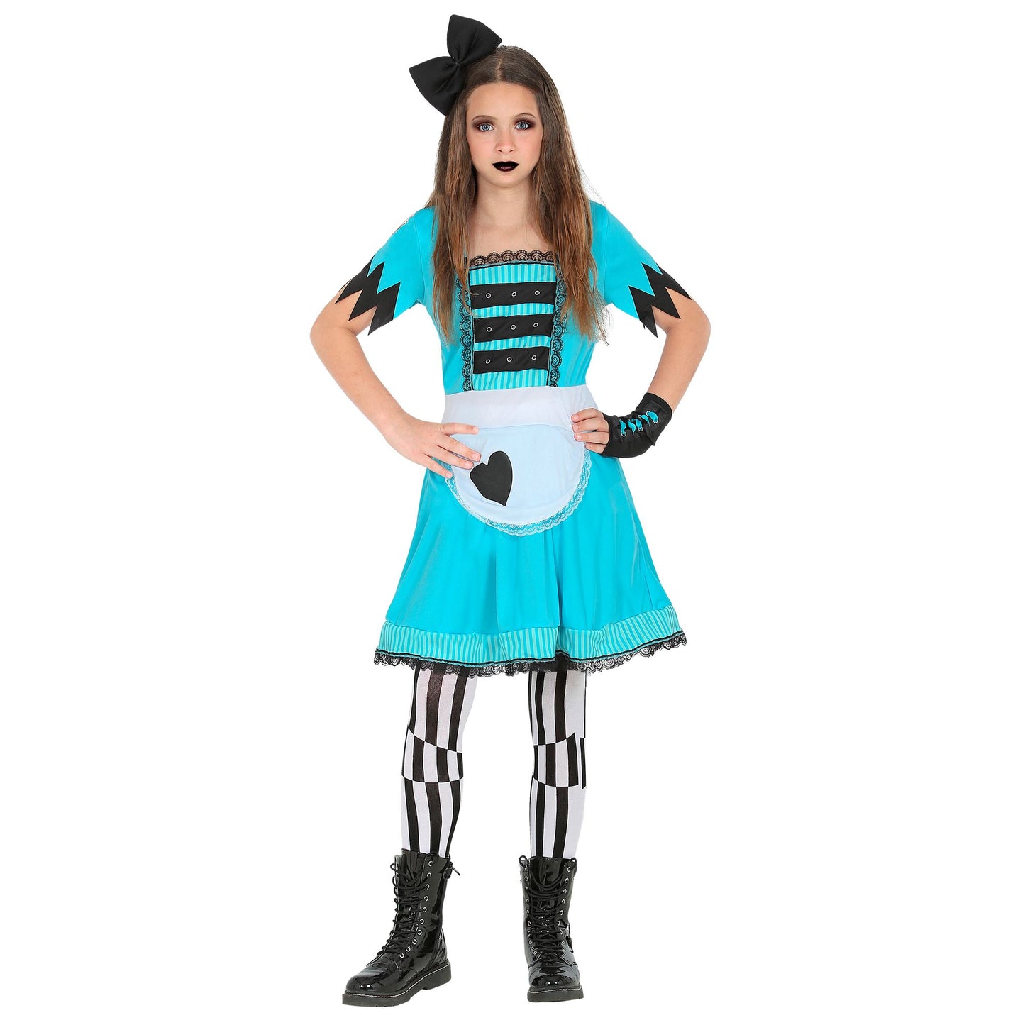 "MÄDCHEN AUS DEM WUNDERLAND" (Kleid, Leggings, fingerlose Handschuhe, Haarschleife) – Vorderansicht