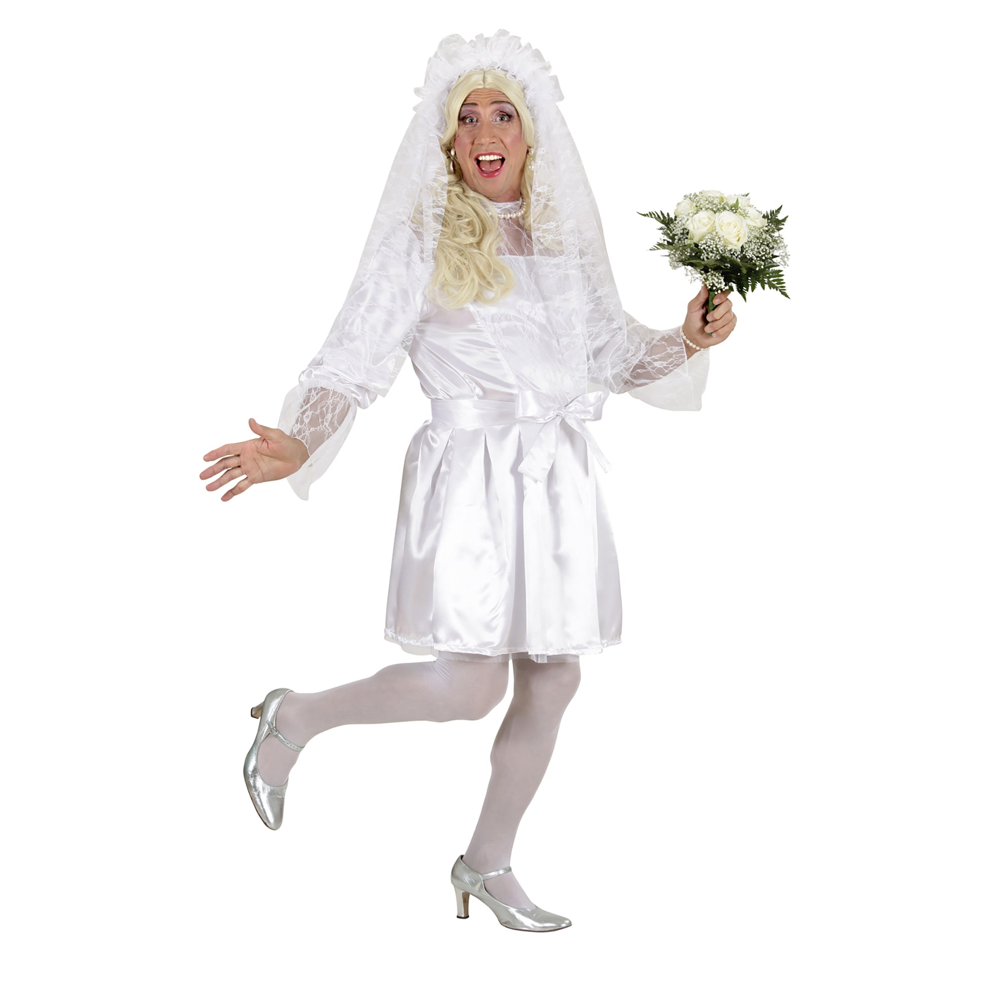 "MÄNNLICHE BRAUT" (Kleid, Gürtel, Kopfbedeckung mit Schleier) – Vorderansicht