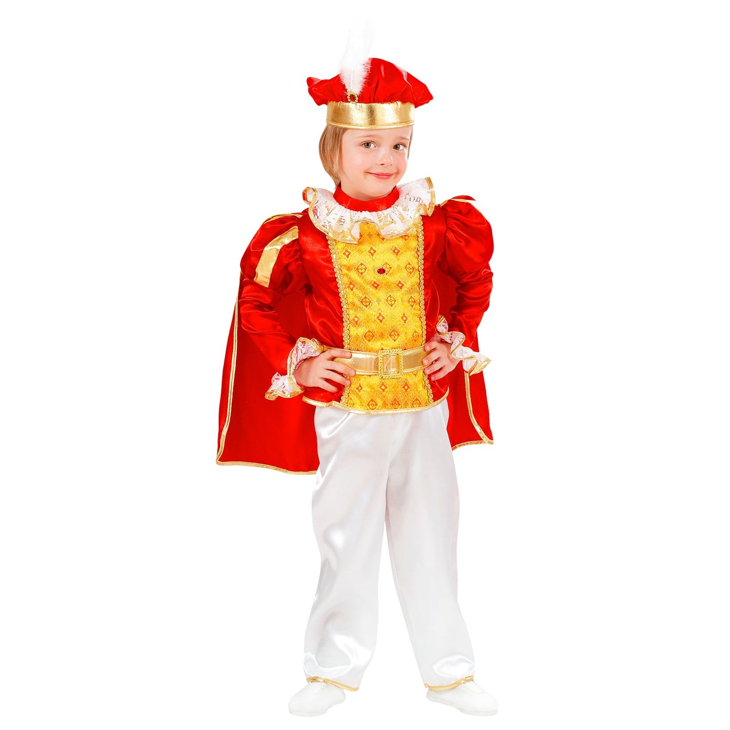 "MÄRCHENPRINZ" (Oberteil mit Umhang, Hose, Gürtel, Hut) – Vorderansicht