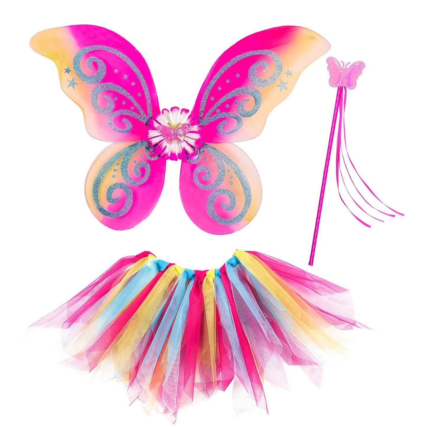 "MAGIC FAIRY" bunt (Tutu, Flügel, Feenstab) – Vorderansicht